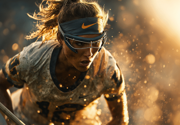 A close-up, eye-level shot of a female Lacrosse player in motion, looking intensely forward while demonstrating techniques for how to get better at women’s Lacrosse.