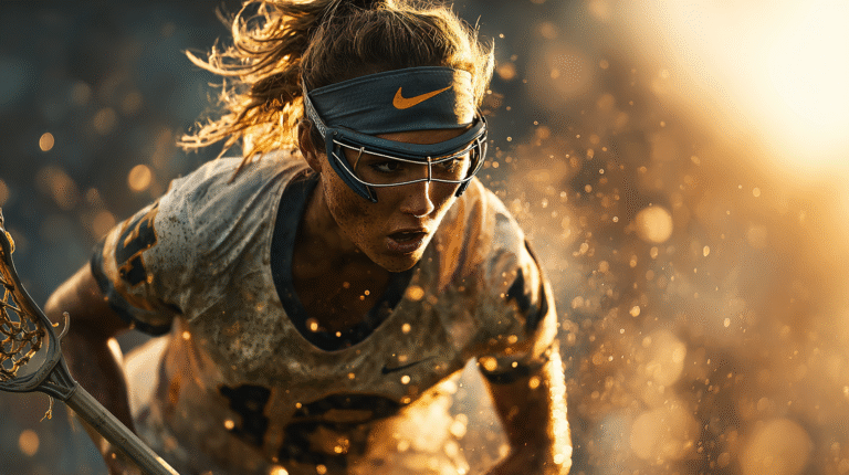 A close-up, eye-level shot of a female Lacrosse player in motion, looking intensely forward while demonstrating techniques for how to get better at women’s Lacrosse.