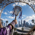 Haudenosaunee Lacrosse Los Angeles 2028 – traditional Lacrosse stick raised toward the Los Angeles skyline