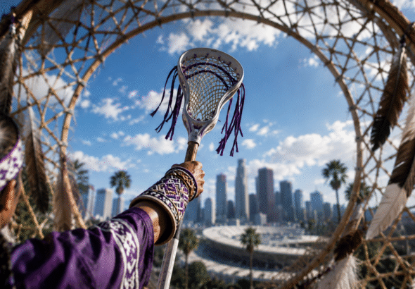 Haudenosaunee Lacrosse Los Angeles 2028 – traditional Lacrosse stick raised toward the Los Angeles skyline