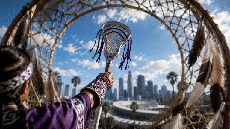 Haudenosaunee Lacrosse Los Angeles 2028 – traditional Lacrosse stick raised toward the Los Angeles skyline