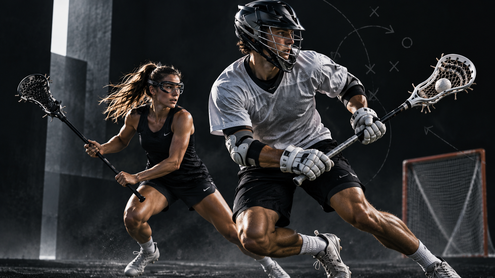 Male and female players demonstrating essential Lacrosse skills including stick handling, cradling, dodging, and field awareness.