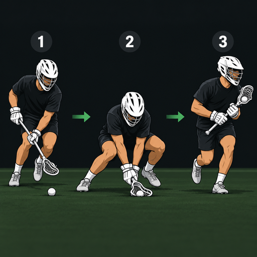 Essential Lacrosse skills: three-step ground ball scoop technique showing a player getting low, scooping through the ball, and accelerating away.