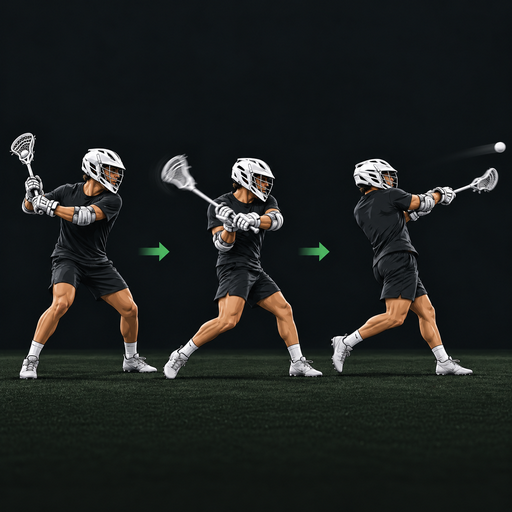 Essential Lacrosse skills: three-step shooting technique showing body rotation, stick acceleration, and follow-through for an accurate shot.