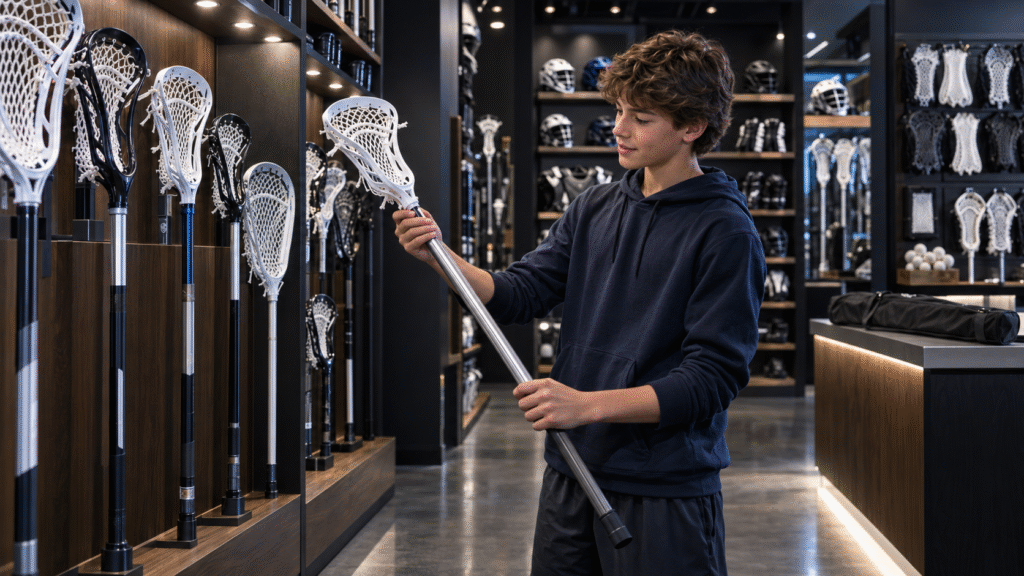 Beginner learning how to choose a Lacrosse stick in a specialty retailer.