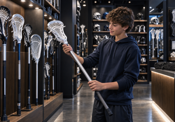 Beginner learning how to choose a Lacrosse stick in a specialty retailer.