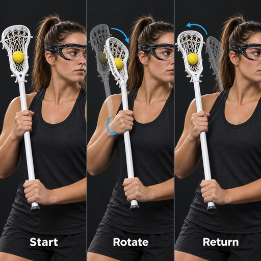 Women’s Lacrosse player demonstrating the three-step cradling motion: start, rotate, and return