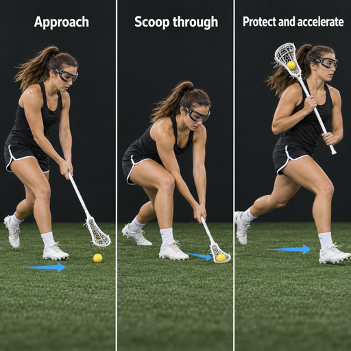 Women’s Lacrosse player approaching, scooping, and accelerating away with a ground ball