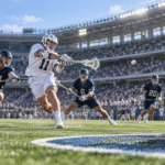 Lacrosse player shooting toward the goal, illustrating the objective of Lacrosse during a competitive game.