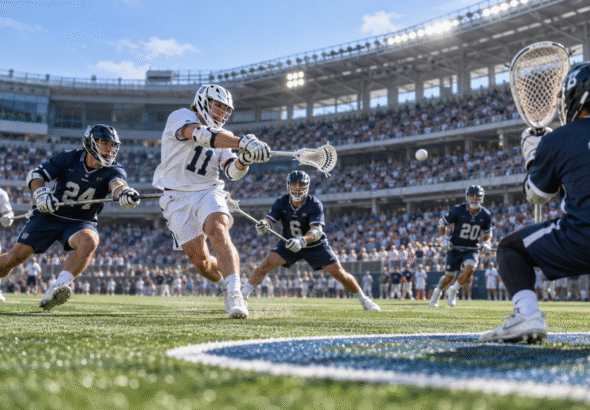 Lacrosse player shooting toward the goal, illustrating the objective of Lacrosse during a competitive game.