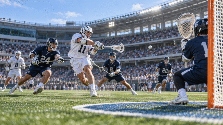 Lacrosse player shooting toward the goal, illustrating the objective of Lacrosse during a competitive game.
