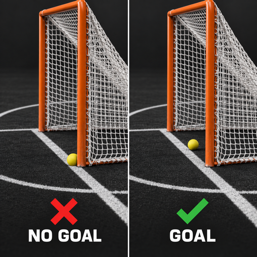 Lacrosse ball crossing the goal line, illustrating the objective of Lacrosse and the difference between a goal and no goal.