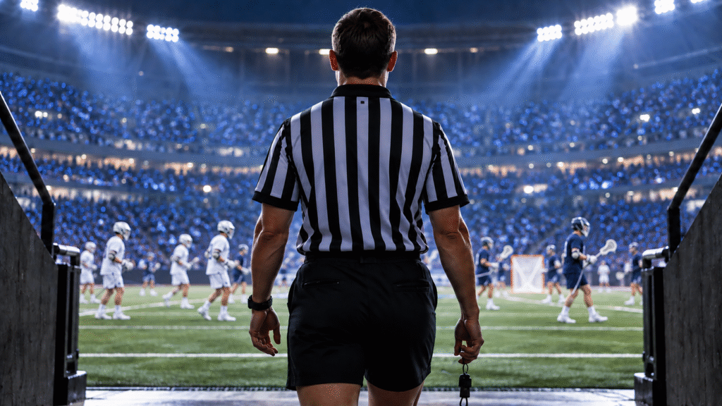 Male referee overlooking a Lacrosse Sixes match under stadium lights, illustrating Lacrosse Sixes refereeing.