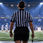 Male referee overlooking a Lacrosse Sixes match under stadium lights, illustrating Lacrosse Sixes refereeing.