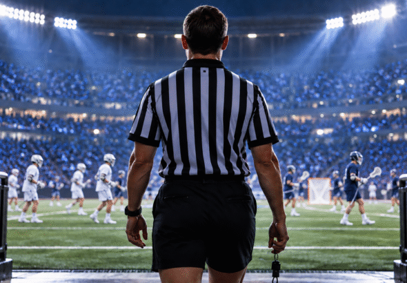 Male referee overlooking a Lacrosse Sixes match under stadium lights, illustrating Lacrosse Sixes refereeing.