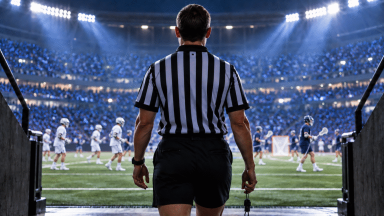 Male referee overlooking a Lacrosse Sixes match under stadium lights, illustrating Lacrosse Sixes refereeing.