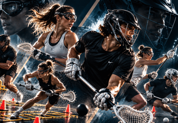 How often should you practice Lacrosse? Male and female players perform Lacrosse training drills with sticks, cones, and agility equipment.