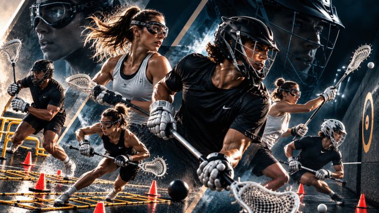 How often should you practice Lacrosse? Male and female players perform Lacrosse training drills with sticks, cones, and agility equipment.