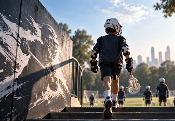 How to get your child started in Lacrosse – young beginner walking onto the field with a Lacrosse stick
