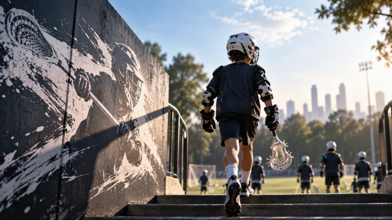 How to get your child started in Lacrosse – young beginner walking onto the field with a Lacrosse stick