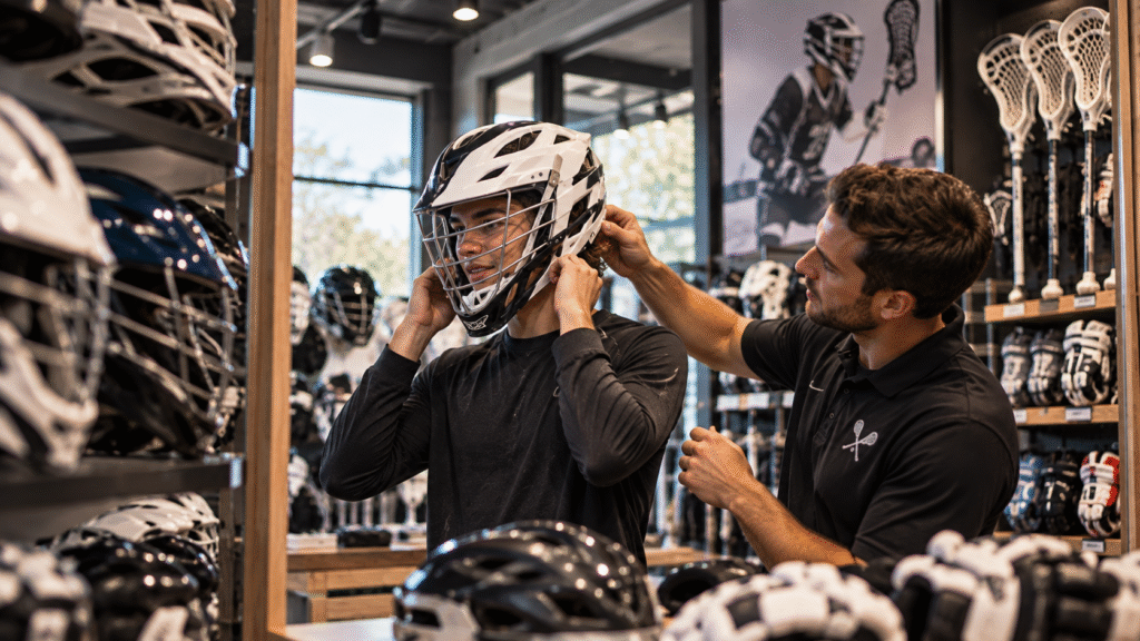 Player getting fitted for a helmet in a lacrosse shop as part of a practical lacrosse helmet guide.