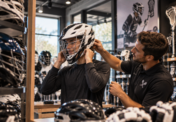 Player getting fitted for a helmet in a lacrosse shop as part of a practical lacrosse helmet guide.