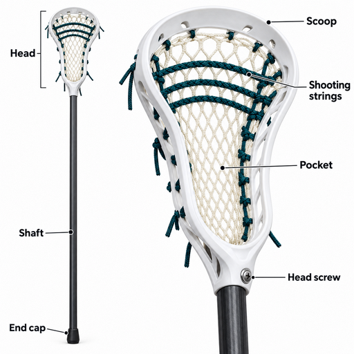 Labeled women’s lacrosse stick showing the head, scoop, pocket, shooting strings, shaft, head screw, and end cap to illustrate how to set up a women’s lacrosse stick.