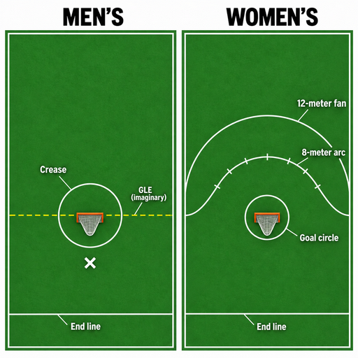 Lacrosse field layout comparing the men’s crease, GLE, and X position with the women’s goal circle, 8-meter arc, and 12-meter fan.