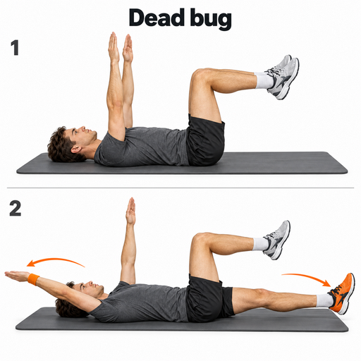 Lacrosse conditioning without running: dead bug exercise showing the starting position and opposite arm-and-leg extension.