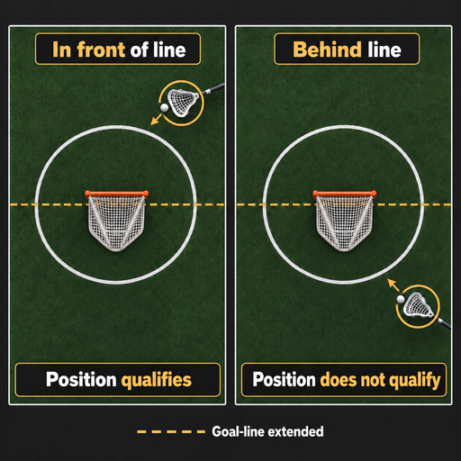 Sixes Lacrosse rules diagram comparing stick head release positions in front of and behind goal-line extended.