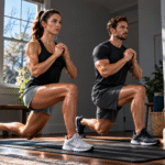 Lacrosse conditioning without running: a man and woman performing bodyweight lunges at home with a lacrosse stick nearby.