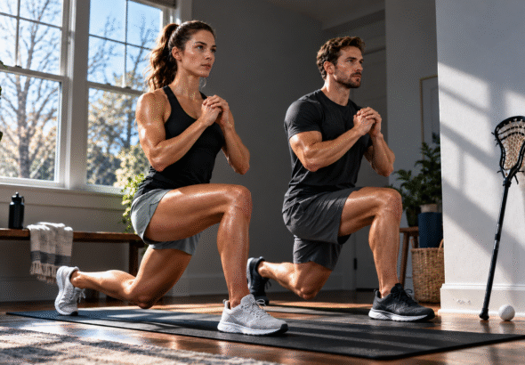 Lacrosse conditioning without running: a man and woman performing bodyweight lunges at home with a lacrosse stick nearby.