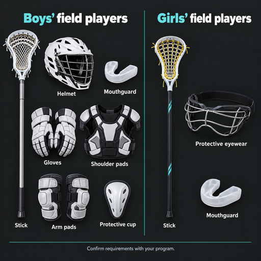 Boys’ and girls’ field lacrosse equipment comparison showing what children need for their first lacrosse practice.