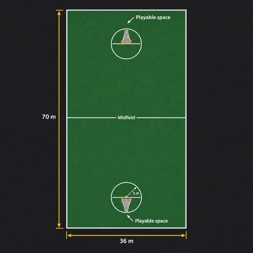 Sixes Lacrosse rules field diagram showing 70 × 36 m dimensions, midfield, 3 m crease radii, and playable space behind both goals.