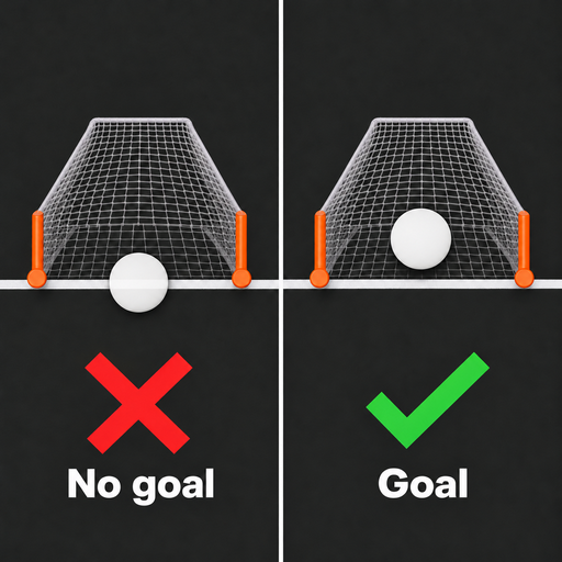 Lacrosse scoring diagram showing no goal when the ball partly crosses the goal line and a goal when it crosses completely.