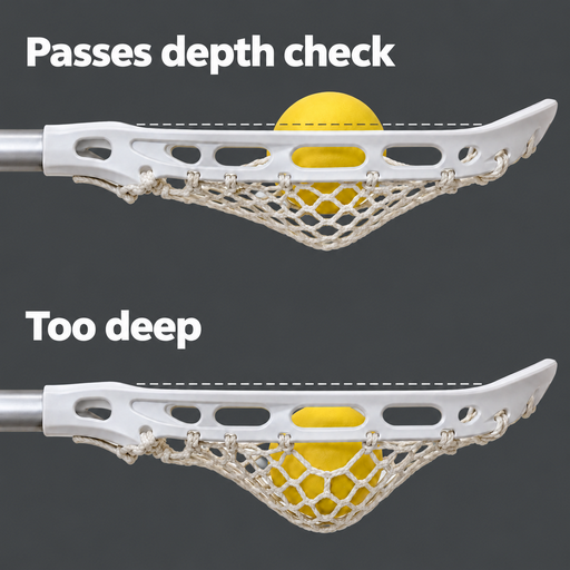 How to set up a women’s lacrosse stick: side-by-side pocket depth comparison showing the ball above the sidewall versus sitting too deep.