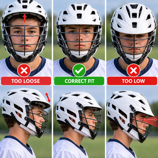 Lacrosse helmet guide showing too loose, correct, and too low helmet fit for proper safety, comfort, and visibility.