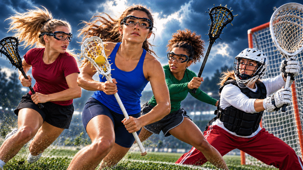 Women’s Lacrosse positions illustrated by four athletes playing attack, midfield, defense, and goalie.