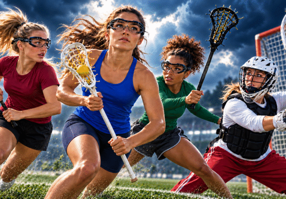 Women’s Lacrosse positions illustrated by four athletes playing attack, midfield, defense, and goalie.