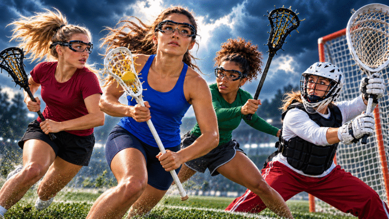 Women’s Lacrosse positions illustrated by four athletes playing attack, midfield, defense, and goalie.
