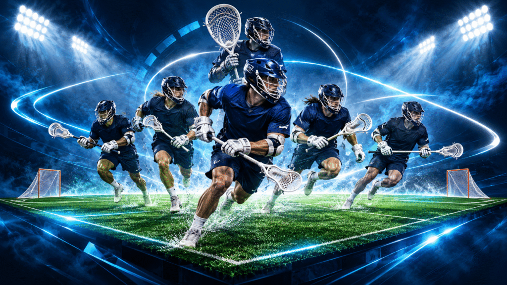 Six lacrosse players, including a goalkeeper, on a stylized illuminated field illustrating Sixes Lacrosse rules.