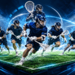 Six lacrosse players, including a goalkeeper, on a stylized illuminated field illustrating Sixes Lacrosse rules.