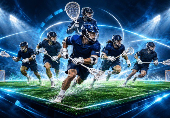 Six lacrosse players, including a goalkeeper, on a stylized illuminated field illustrating Sixes Lacrosse rules.