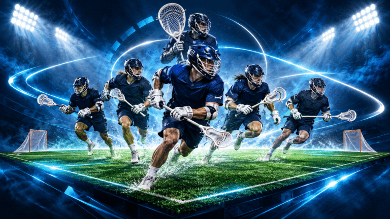 Six lacrosse players, including a goalkeeper, on a stylized illuminated field illustrating Sixes Lacrosse rules.