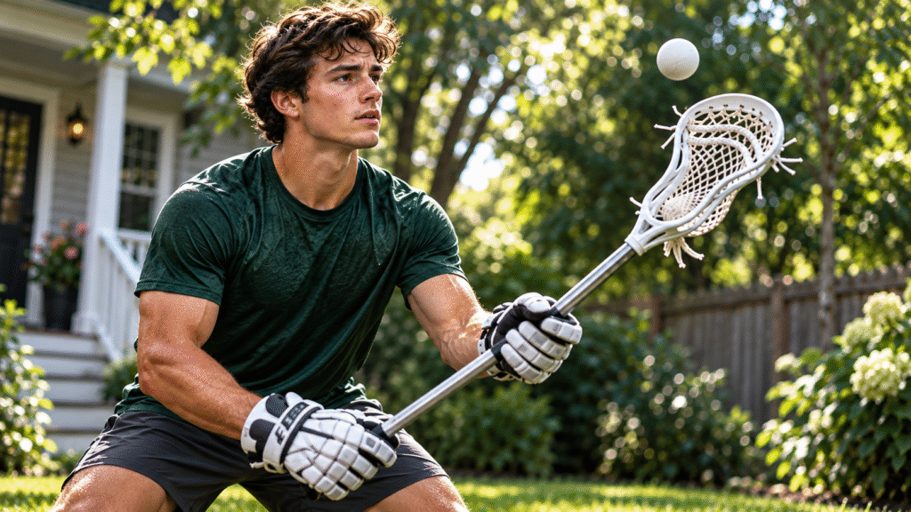 Lacrosse solo training: athlete practicing stick control with a ball in a private backyard.