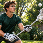 Lacrosse solo training: athlete practicing stick control with a ball in a private backyard.