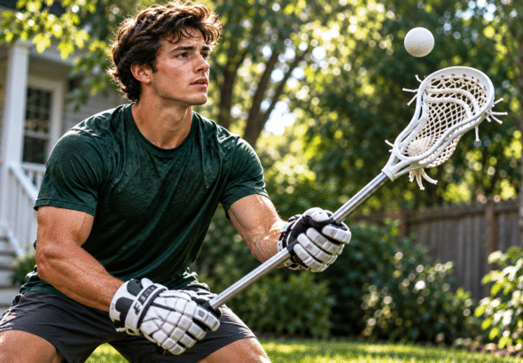 Lacrosse solo training: athlete practicing stick control with a ball in a private backyard.
