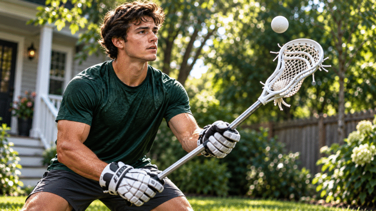 Lacrosse solo training: athlete practicing stick control with a ball in a private backyard.