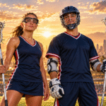 Men’s and women’s Lacrosse players holding sticks in a Los Angeles stadium at sunset, illustrating the 2028 Lacrosse team count.