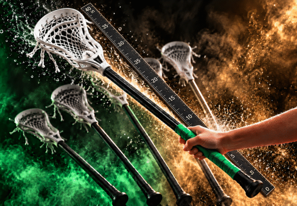 Youth lacrosse stick size illustrated by a child holding a stick beside a numbered ruler, with green and gold lighting.